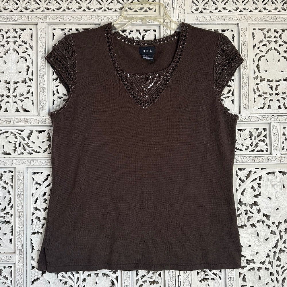 Y2K fairy brown cap sleeve sequin crochet blouse size medium‎